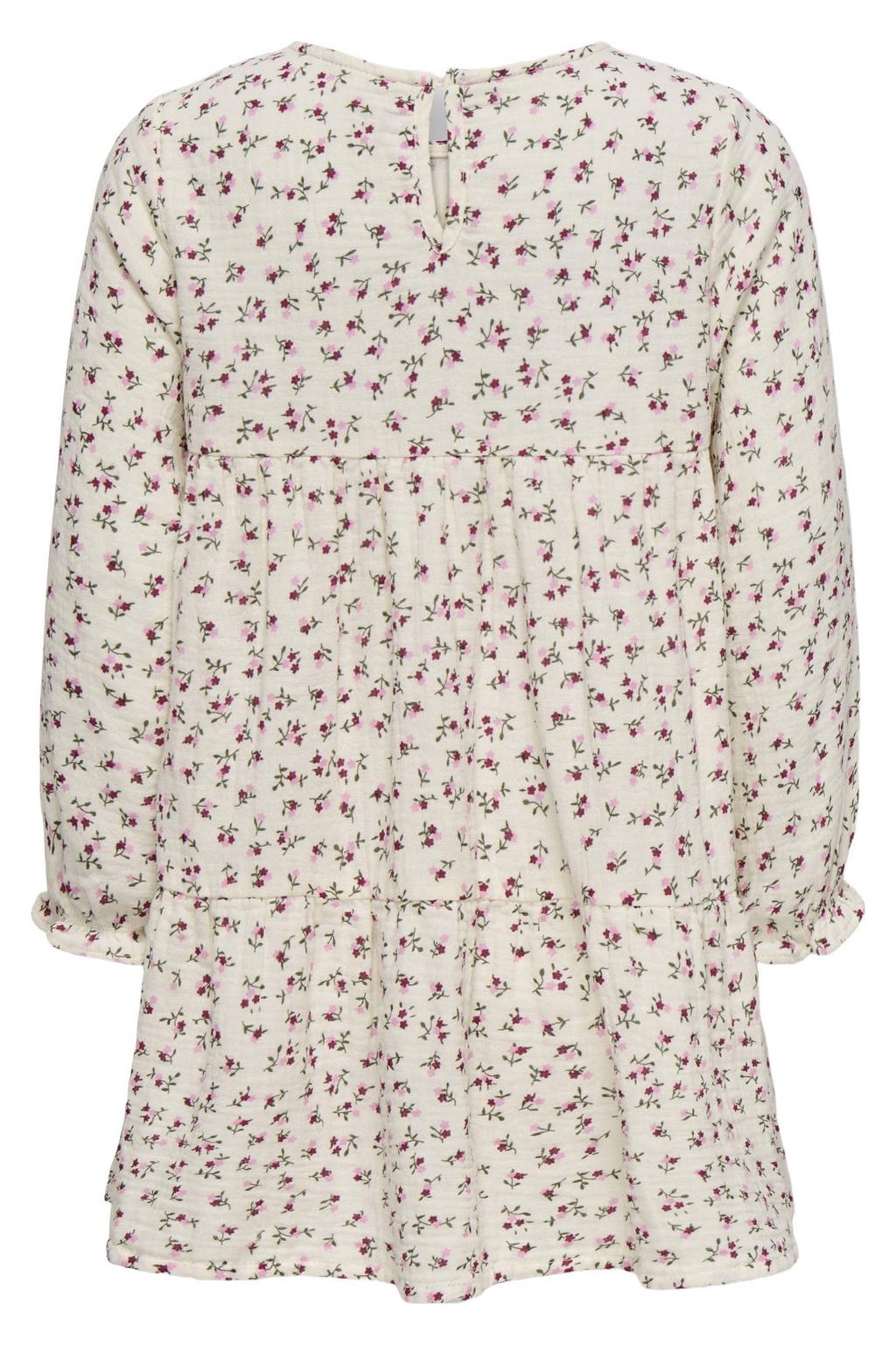 Ecru en roze meisjes KIDS ONLY MINI gebloemde A-lijn jurk van mousseline met lange mouwen en ronde hals