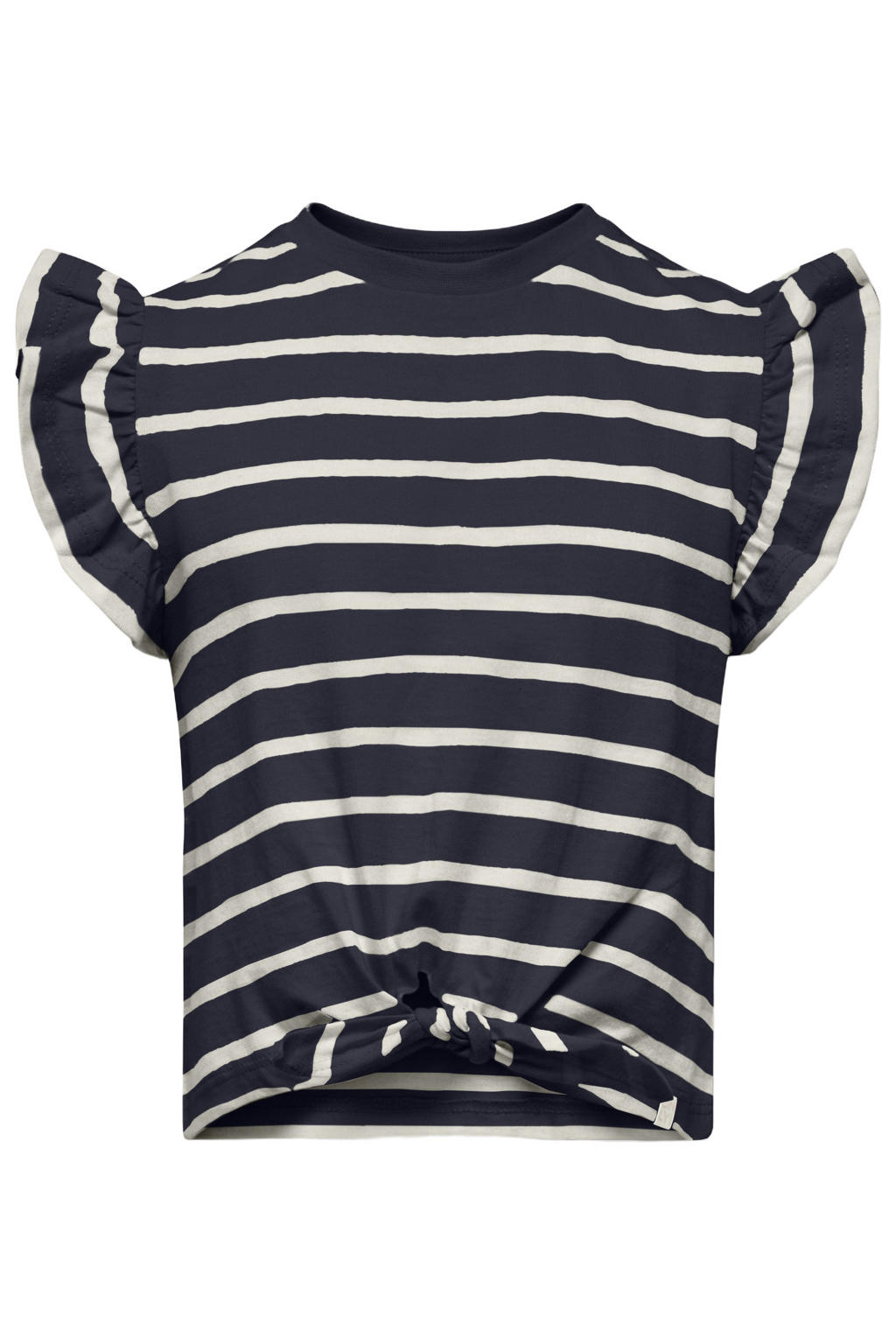 Donkerblauw en witte meisjes KIDS ONLY MINI gestreepte T-shirt van katoen met ronde hals en knoopdetail