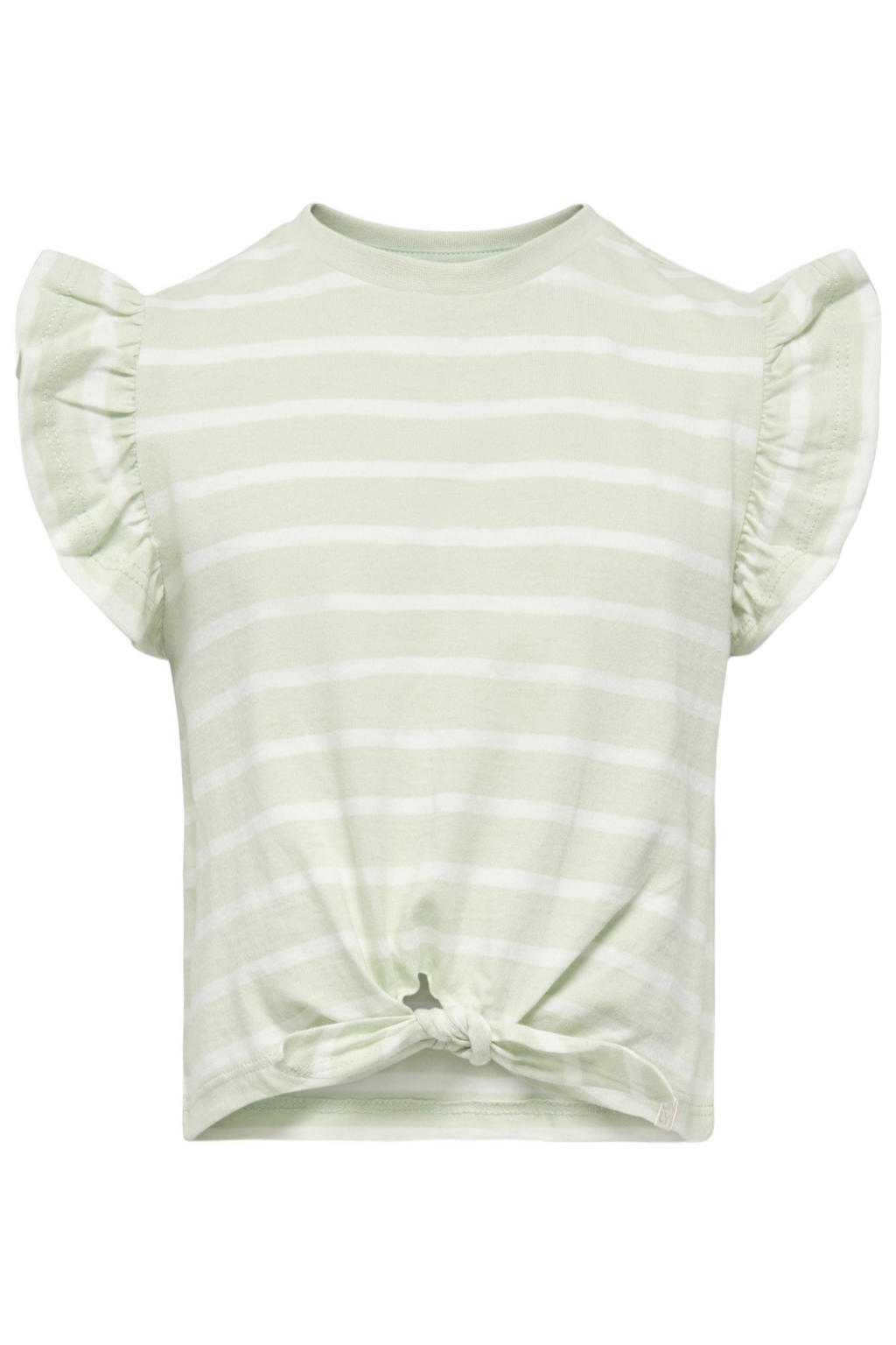 Lichtgroen en witte meisjes KIDS ONLY MINI gestreepte T-shirt van katoen met korte mouwen, ronde hals en knoopdetail