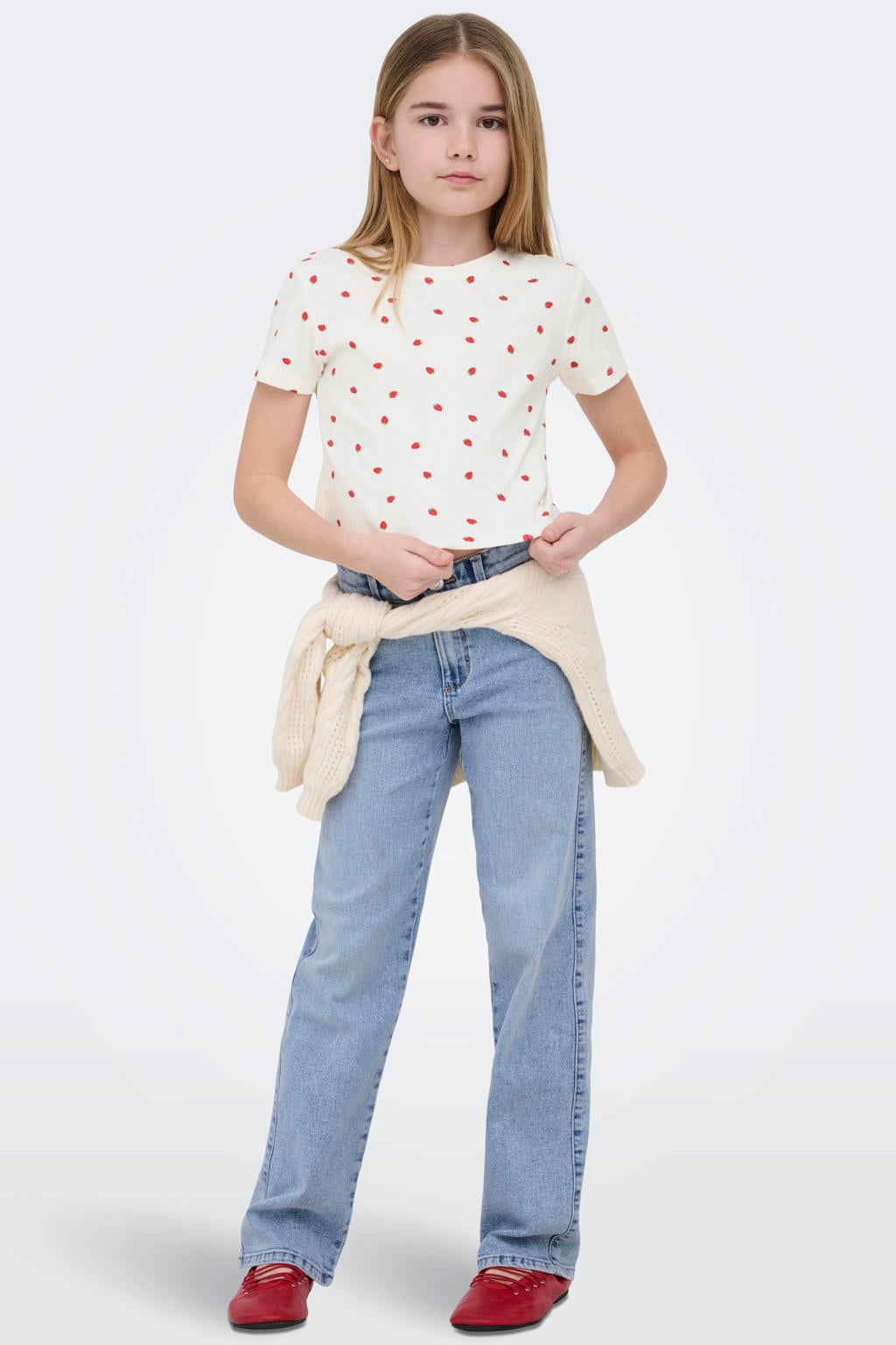 Wit en rode meisjes KIDS ONLY GIRL T-shirt van stretchkatoen met korte mouwen en ronde hals
