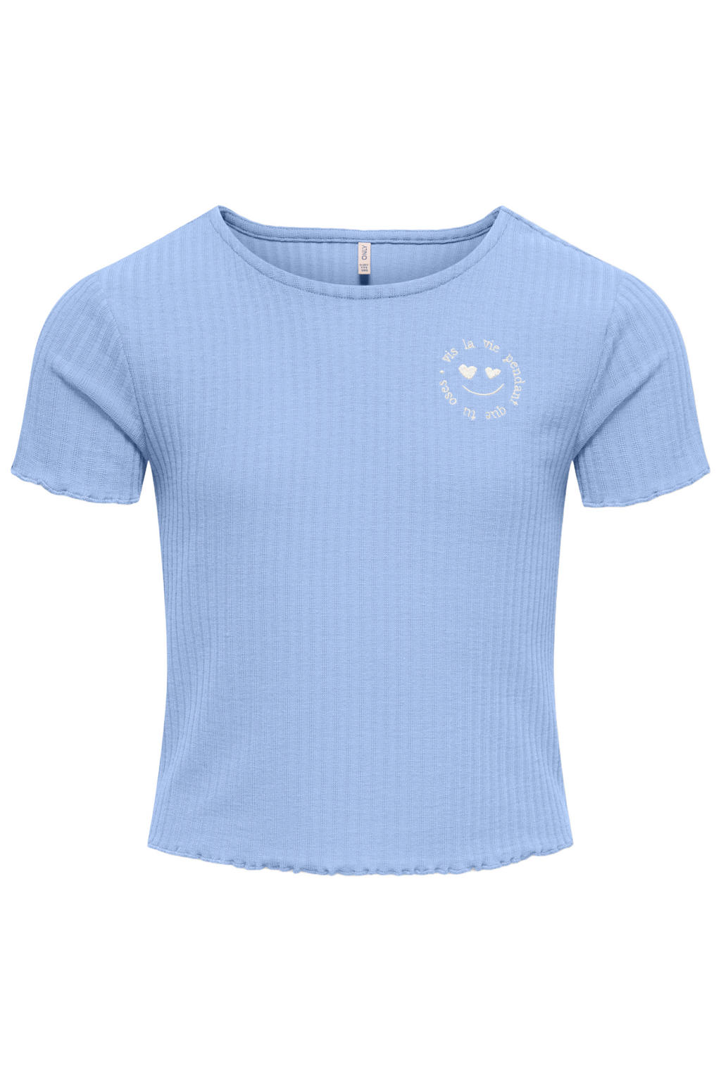Lichtblauwe meisjes KIDS ONLY GIRL T-shirt van polyester met printopdruk, korte mouwen, ronde hals en borduursels