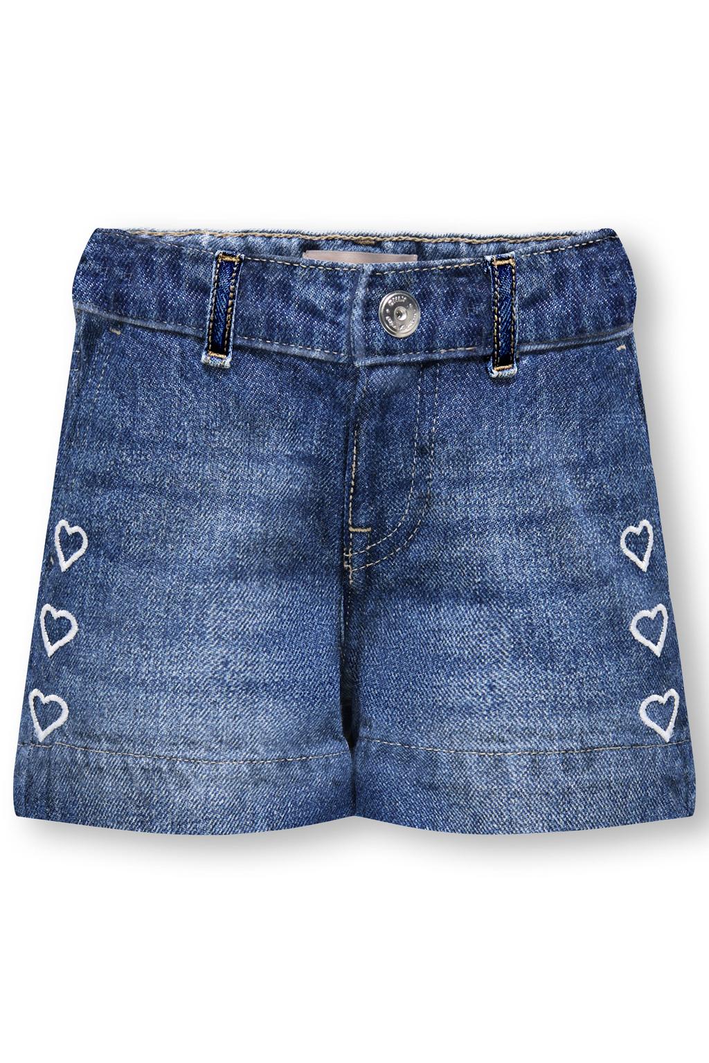 Medium blue denim meisjes KIDS ONLY GIRL short van denim met rits- en knoopsluiting en hartjesprint