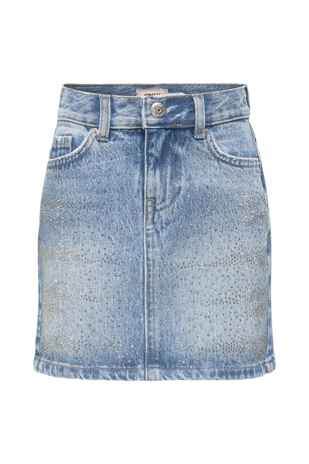 Light blue denim meisjes KIDS ONLY GIRL spijkerrok met strass steentjes gemaakt van denim en met knoopsluiting