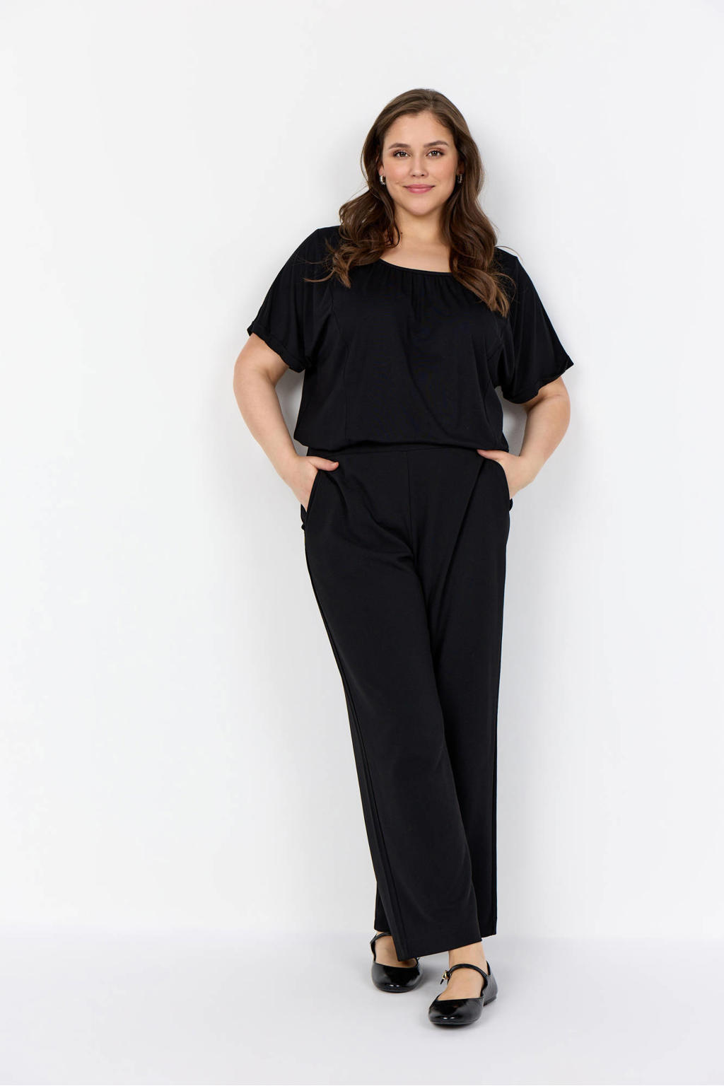 Zwarte dames Wasabiconcept wide leg high waist broek met effen