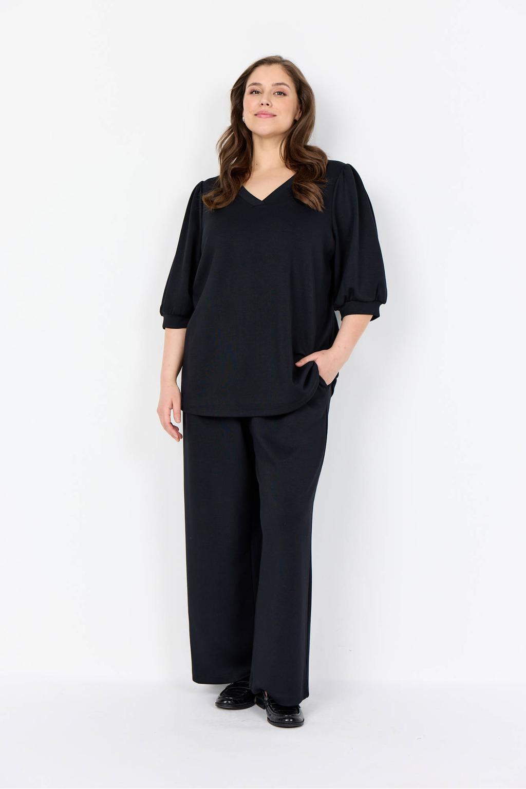Zwarte dames Wasabiconcept high waist broek van modal met loose fit, elastische tailleband en effen