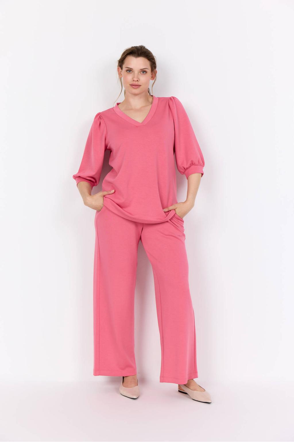 Roze dames Wasabiconcept high waist broek van modal met loose fit, elastische tailleband en effen