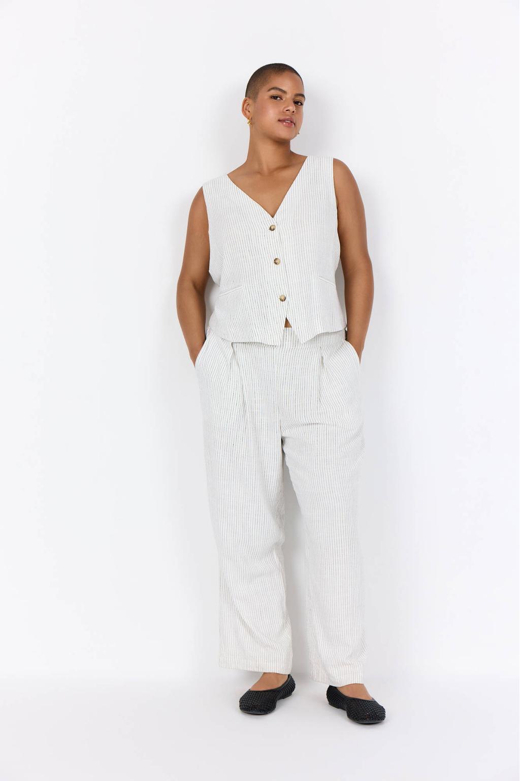 Ecru dames Wasabiconcept gilet van viscose met krijtstreepprint, V-hals en knoopsluiting