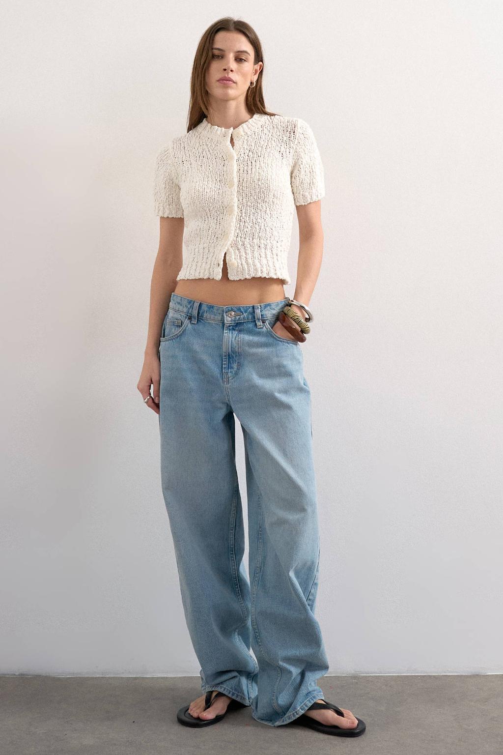 Ecru dames TOPSHOP vest grof gebreid van katoen met effen, lange mouwen en knoopsluiting