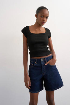denim wide leg high waist short dark blue denim