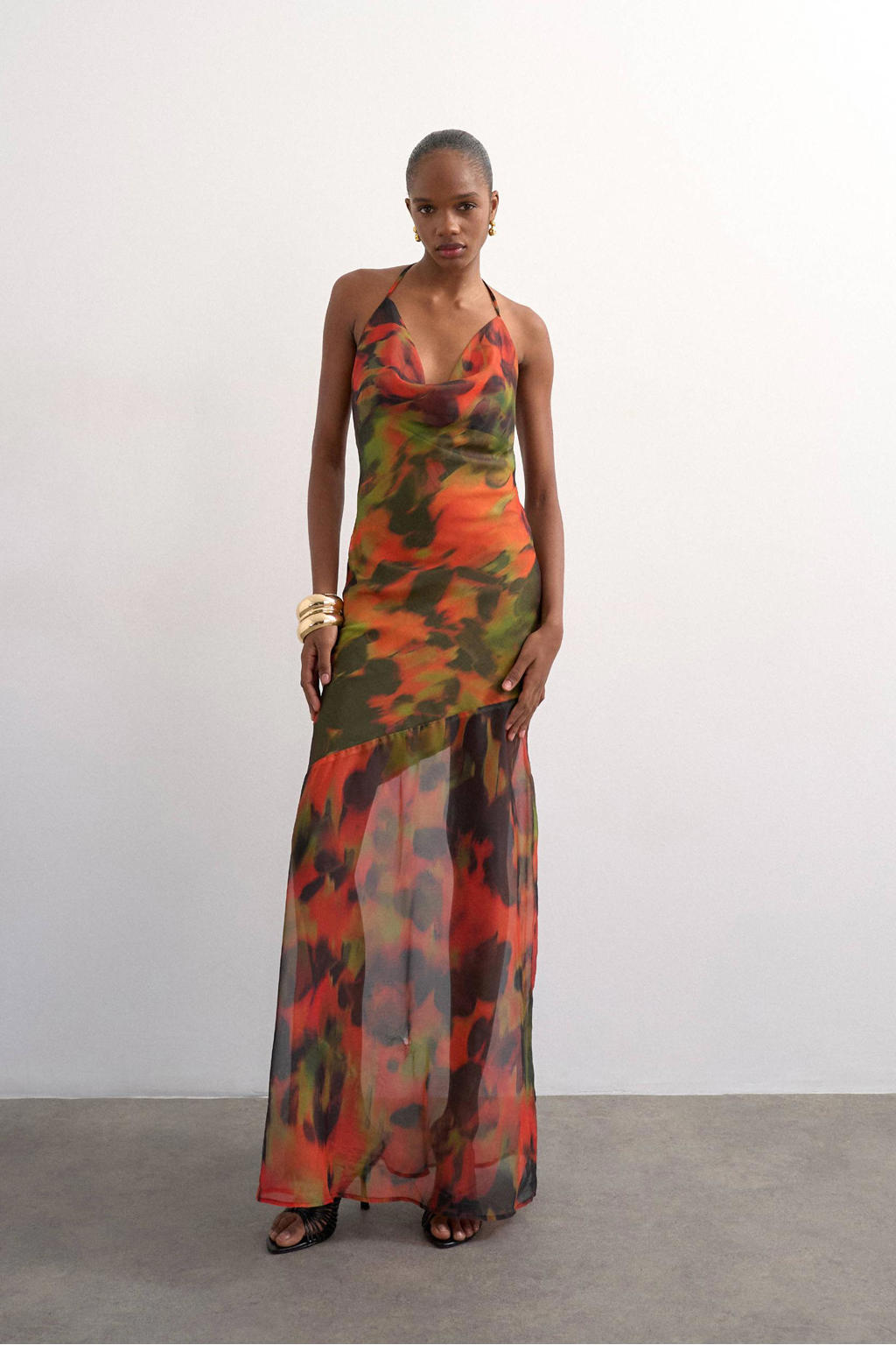 Groen en oranje dames TOPSHOP cocktailjurk van polyester met ronde hals en mesh