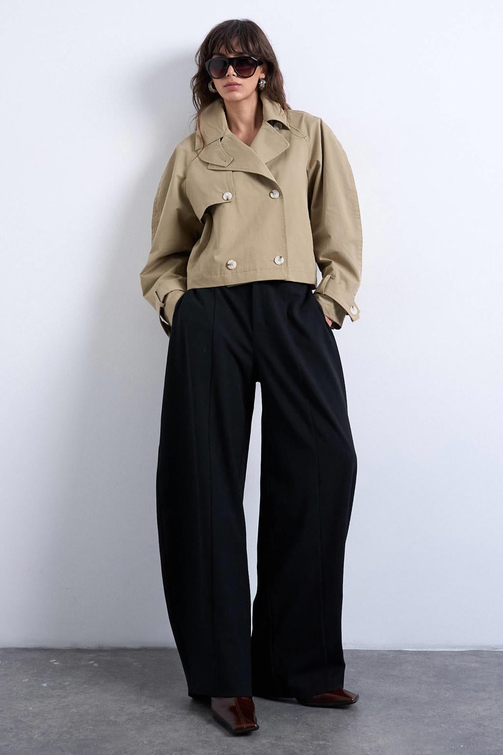 Beige dames TOPSHOP trenchcoat van katoen met effen, lange mouwen, reverskraag en double breasted sluiting