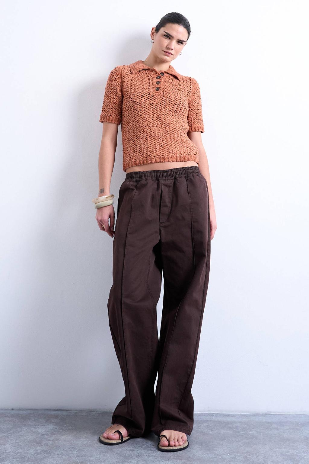 Brique dames TOPSHOP trui grof gebreid van katoen met melée print, lange mouwen, polo kraag en knoopsluiting