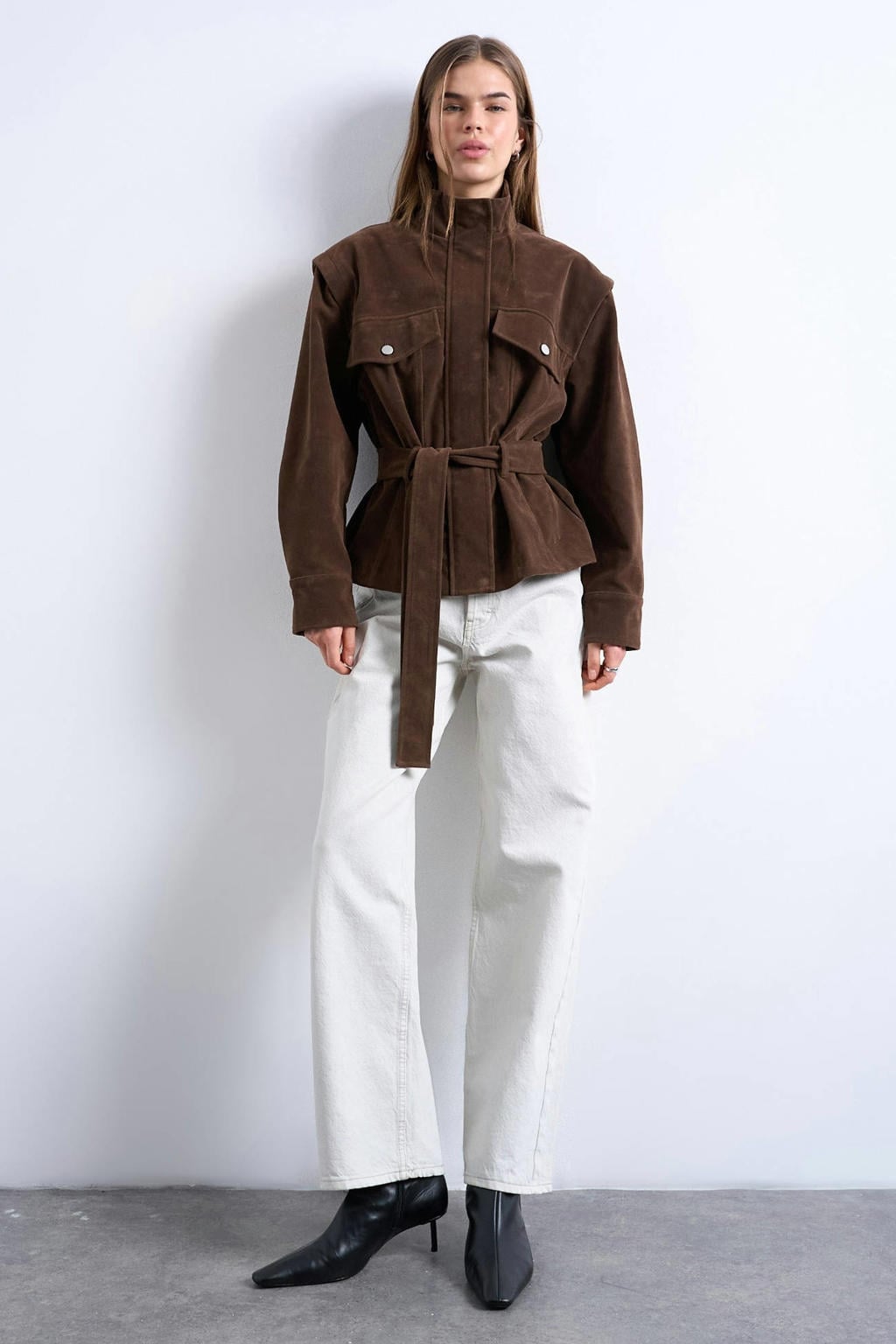 Donkerblauwe dames TOPSHOP suede jack met effen, lange mouwen, opstaande kraag, ritssluiting en ceintuur