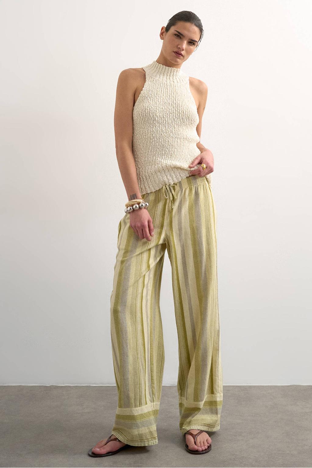 Groen en gele dames TOPSHOP wide leg high waist gestreepte casual broek van linnen met elastische tailleband met koord