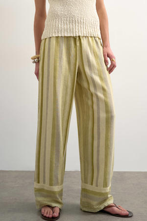 wide leg high waist gestreepte casual broek met linnen groen