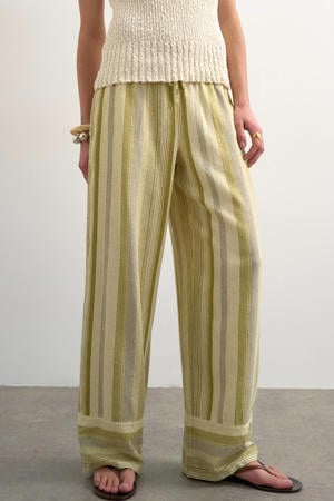 wide leg high waist gestreepte casual broek met linnen groen