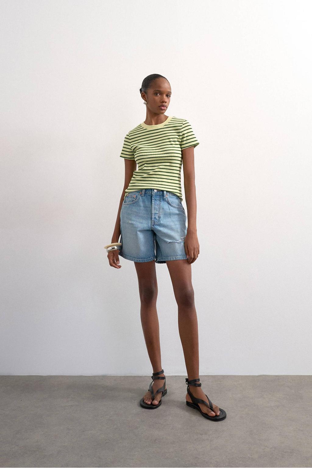 Lichtgeel en groene dames TOPSHOP gestreepte T-shirt van katoen met korte mouwen en ronde hals