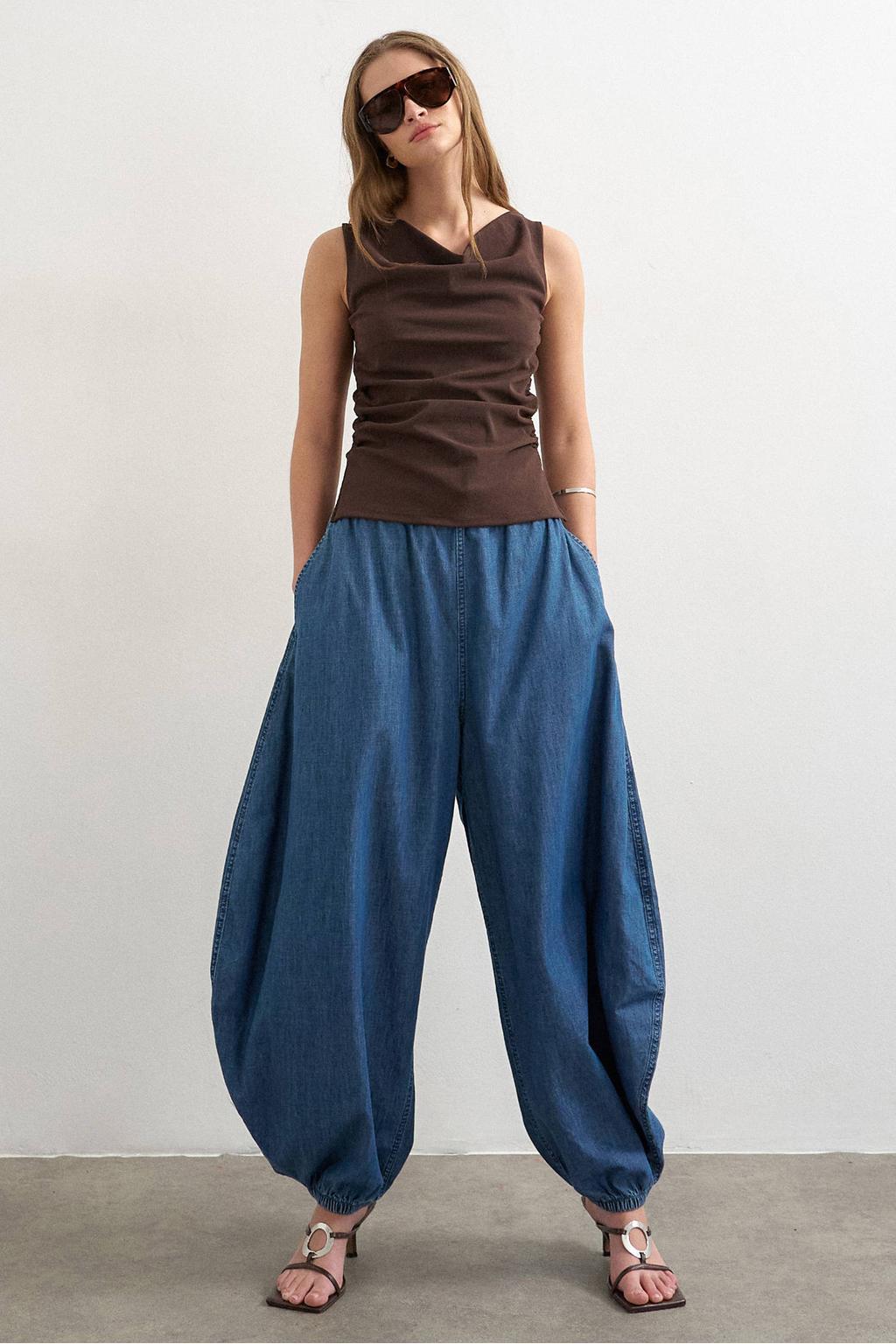 Donkerblauwe dames TOPSHOP top van polyester met effen, watervalhals en plooien