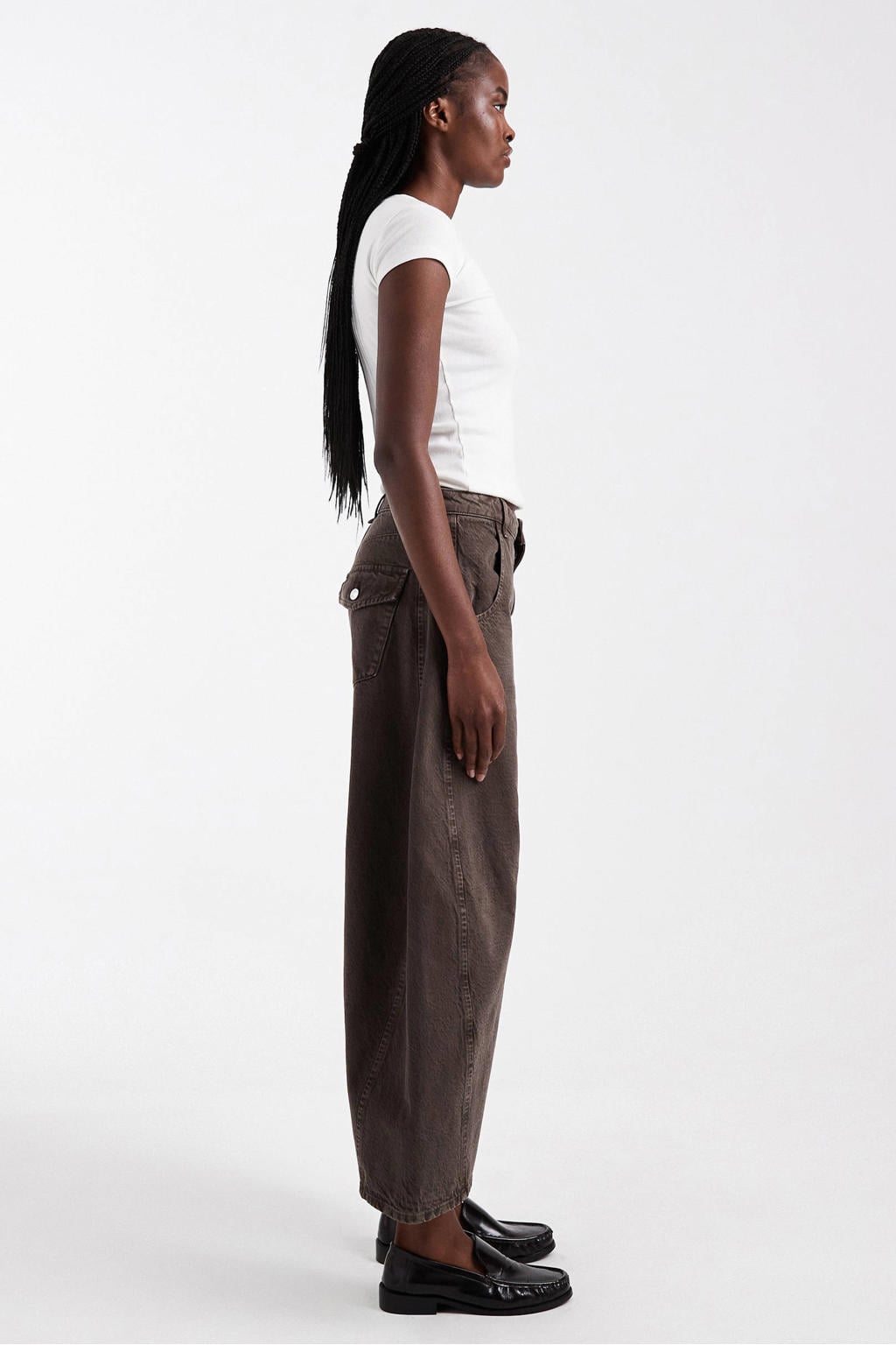 Bruine dames TOPSHOP high waist barrel jeans van denim met rits- en knoopsluiting en effen