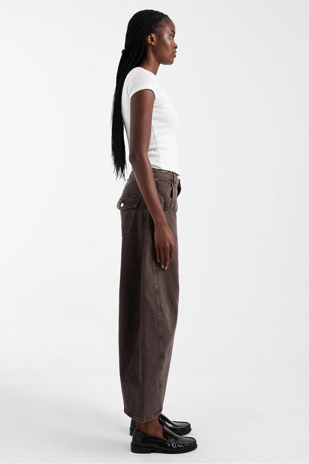 Bruine dames TOPSHOP high waist barrel jeans van denim met rits- en knoopsluiting en effen