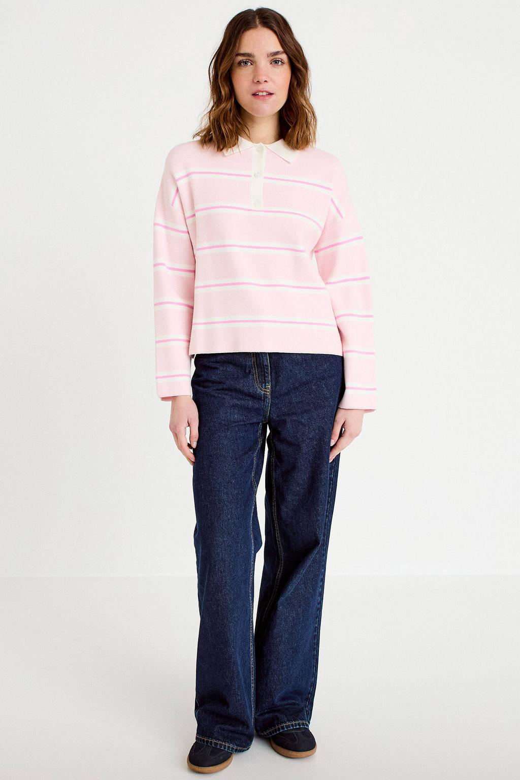Lichtroze dames Cache Cache gestreepte top van viscose met lange mouwen en polo kraag