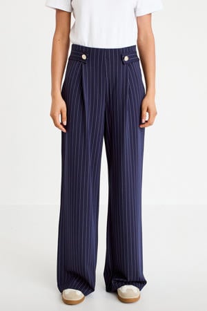 wide leg high waist broek met krijtstreep donkerblauw