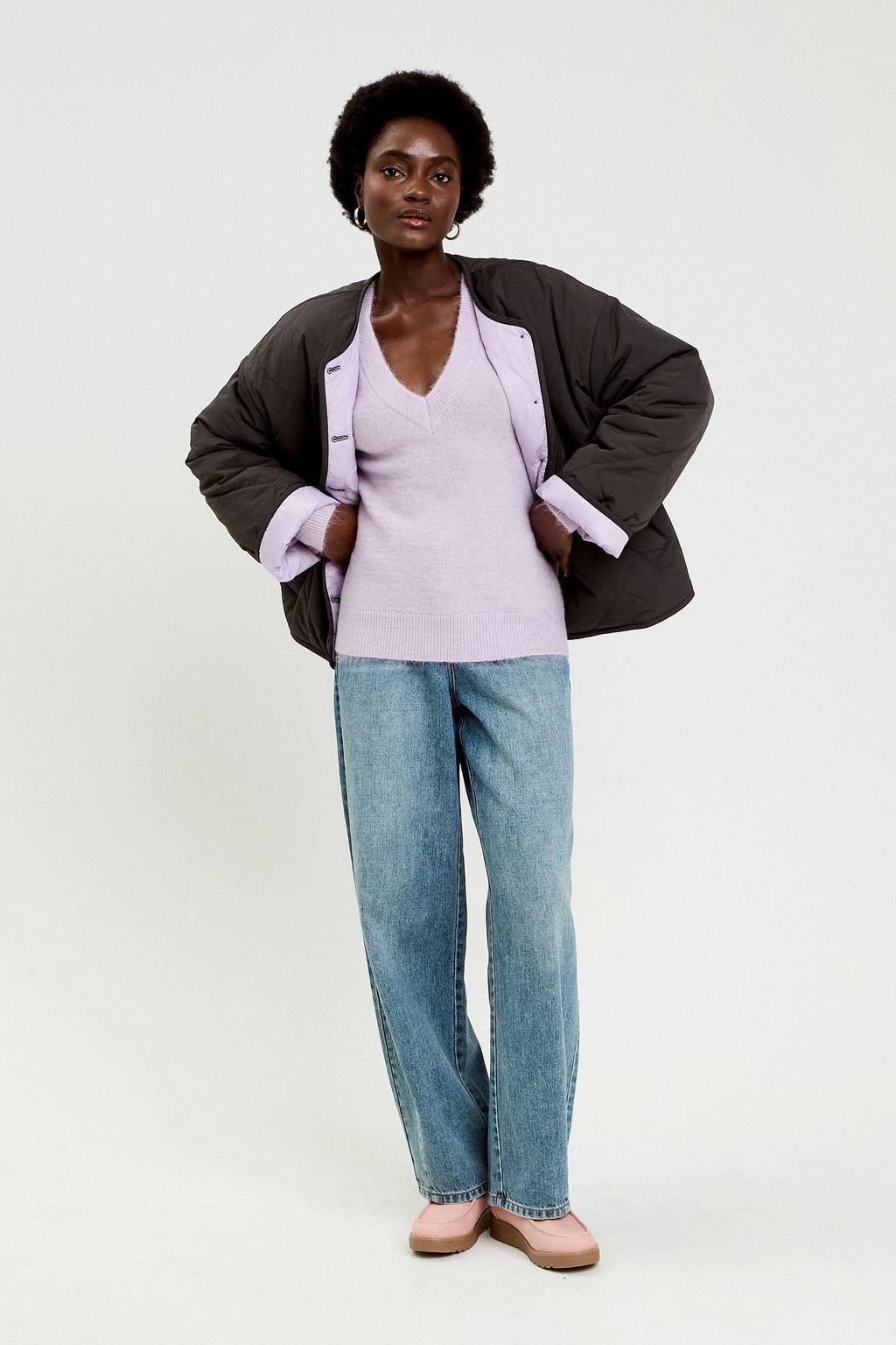 Violetkleurige dames Cache Cache pullover van polycarbonaat met effen, lange mouwen en V-hals