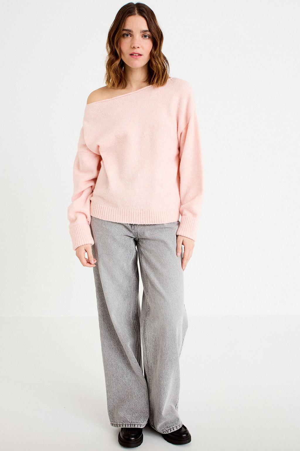 Lichtroze dames Cache Cache off shoulder trui van polycarbonaat met lange mouwen en boothals