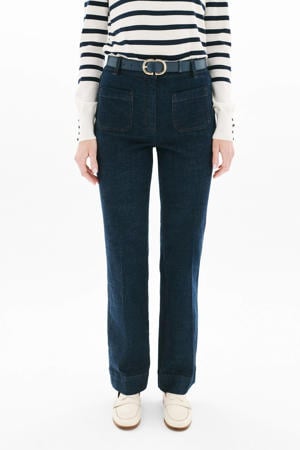 high waist straight leg jeans dark blue denim