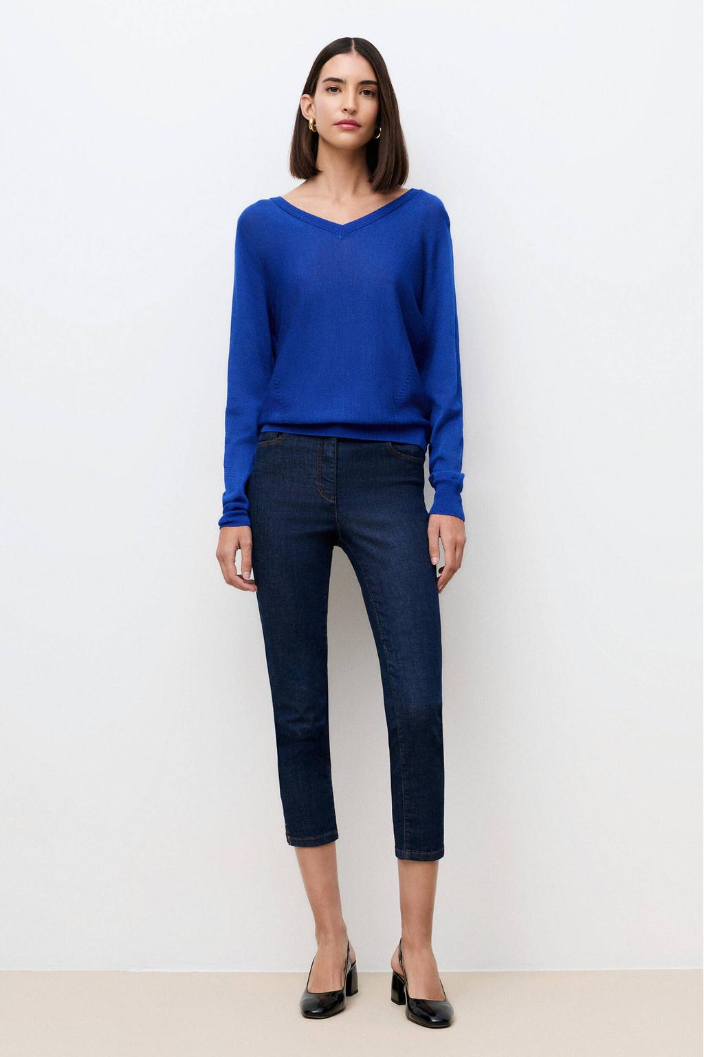 Blauwe dames Caroll pullover van katoen met effen, lange mouwen en V-hals