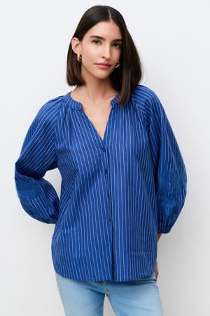 blouse met linnen met krijtstreep blauw