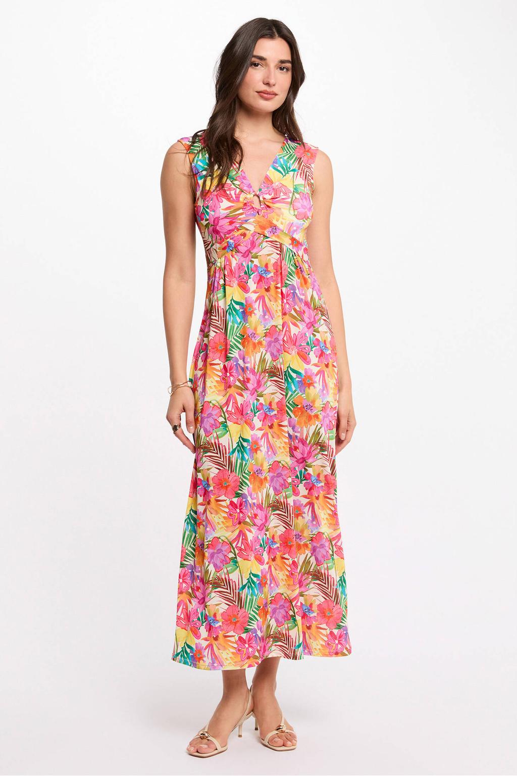 Lichtgeel en roze dames Morgan gebloemde maxi jurk van polyester met V-hals