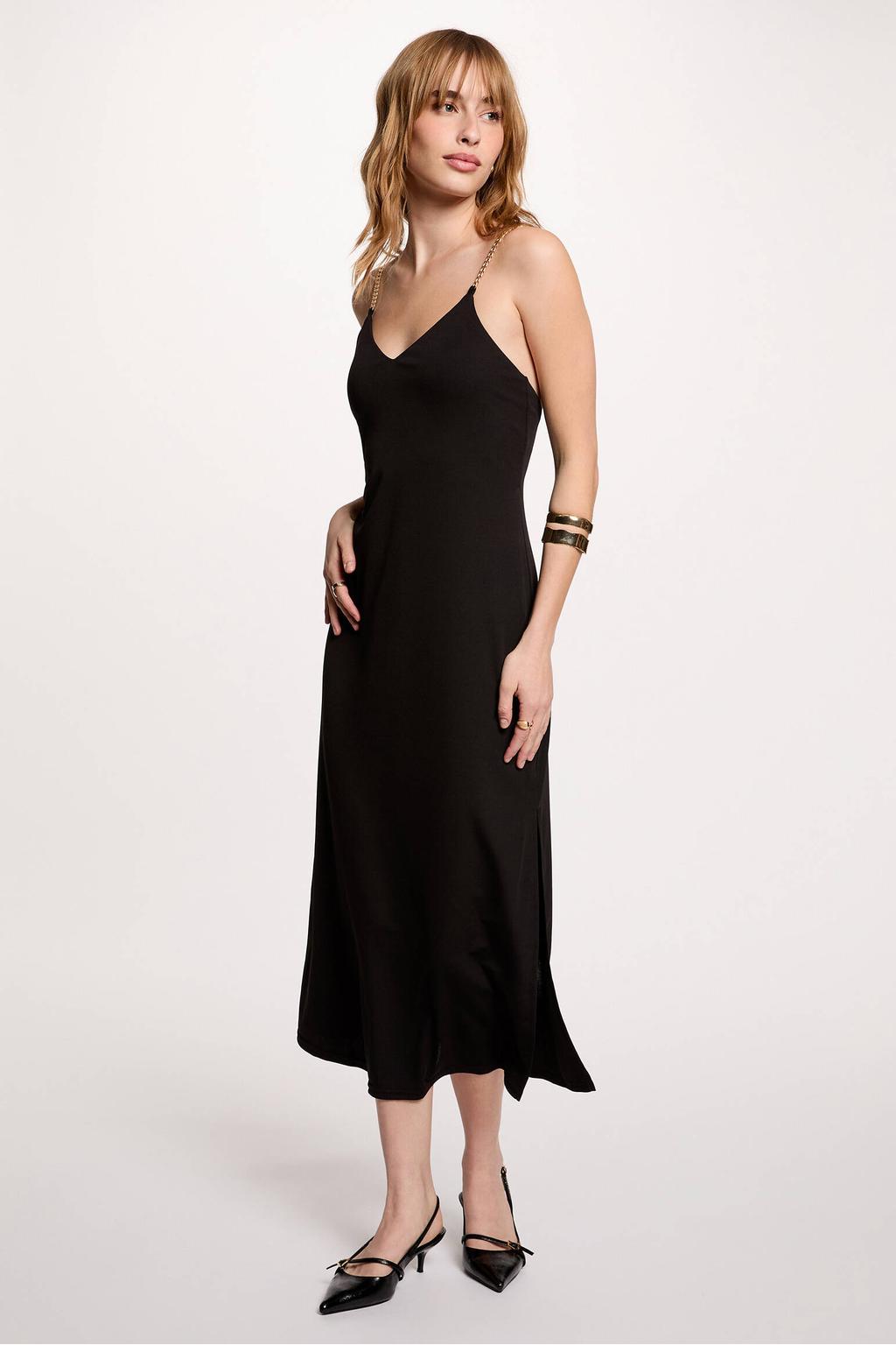 Zwarte dames Morgan midi jurk van polyester met effen, spaghettibandjes, V-hals en sierbandjes
