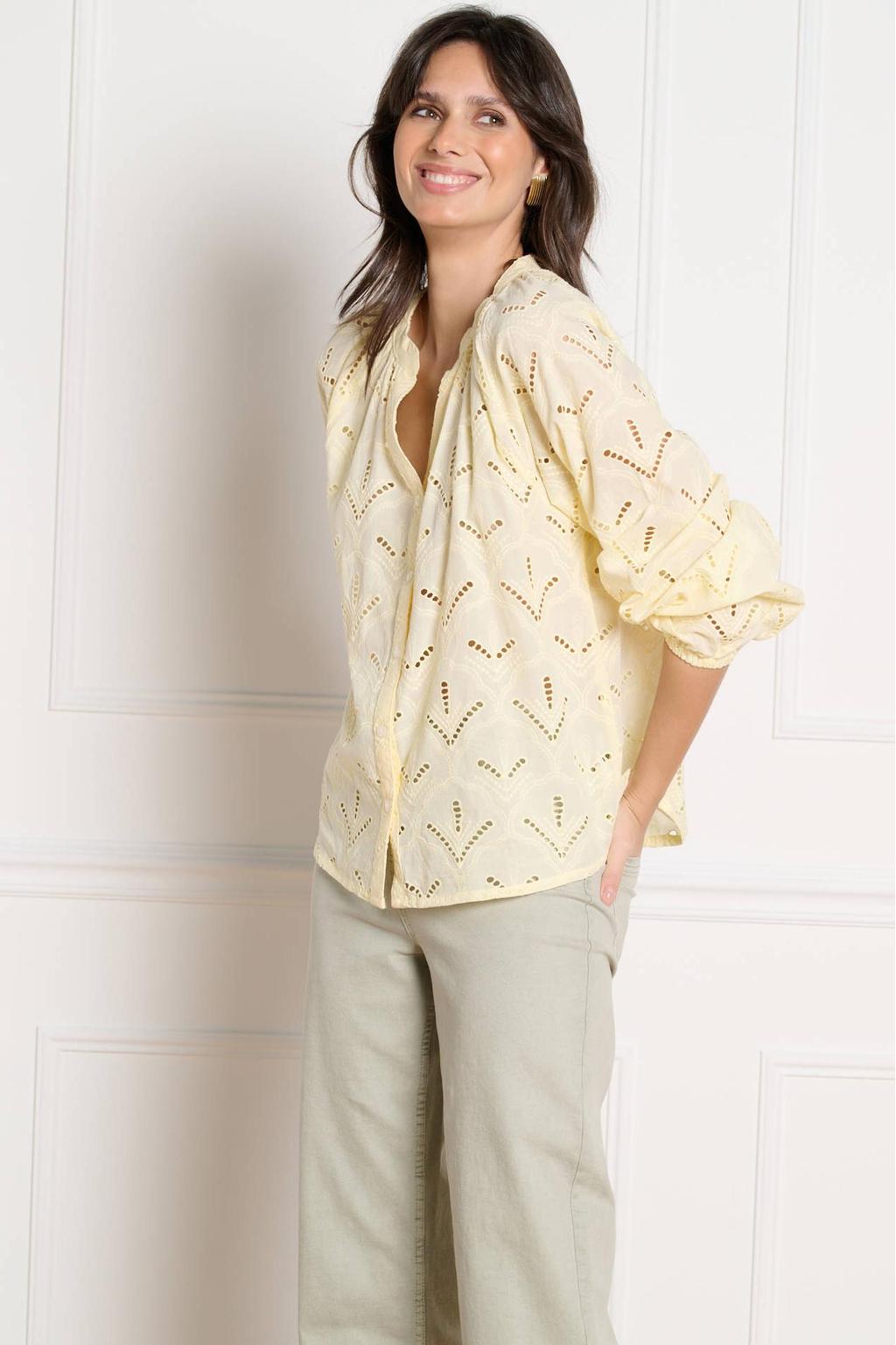 Lichtgele dames LOLALIZA blouse broderie van katoen met effen, lange mouwen, mao kraag en knoopsluiting