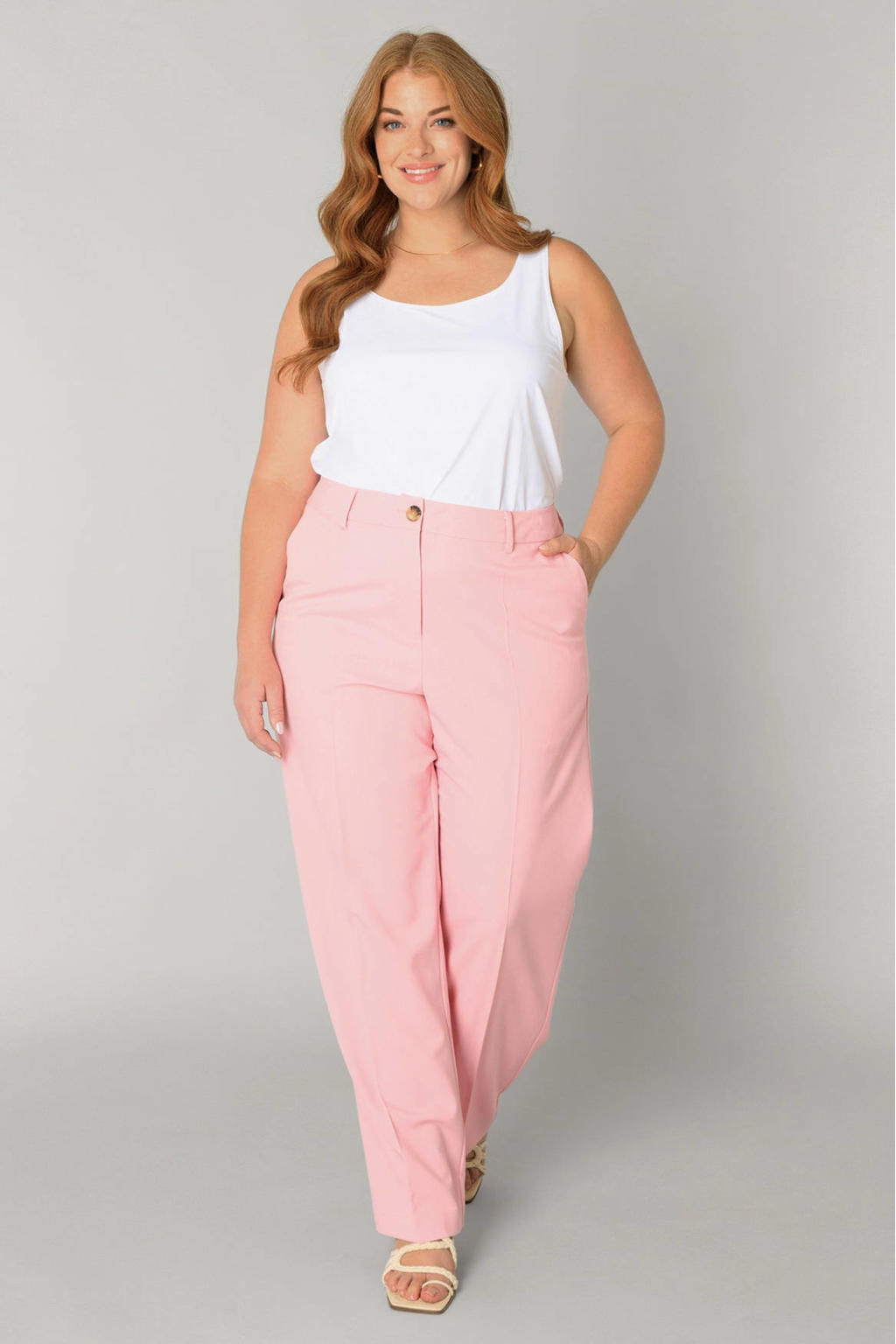 Lichtroze dames Base Level Curvy straight leg broek met effen