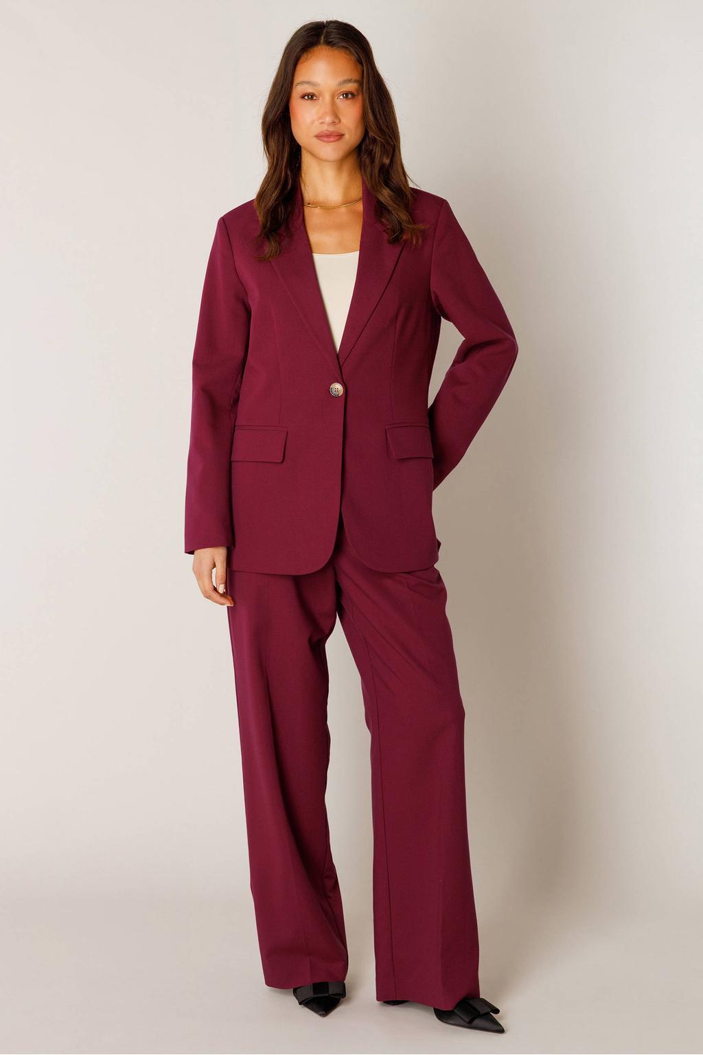Donkerrode dames Base Level wide leg high waist broek met rits- en knoopsluiting en effen