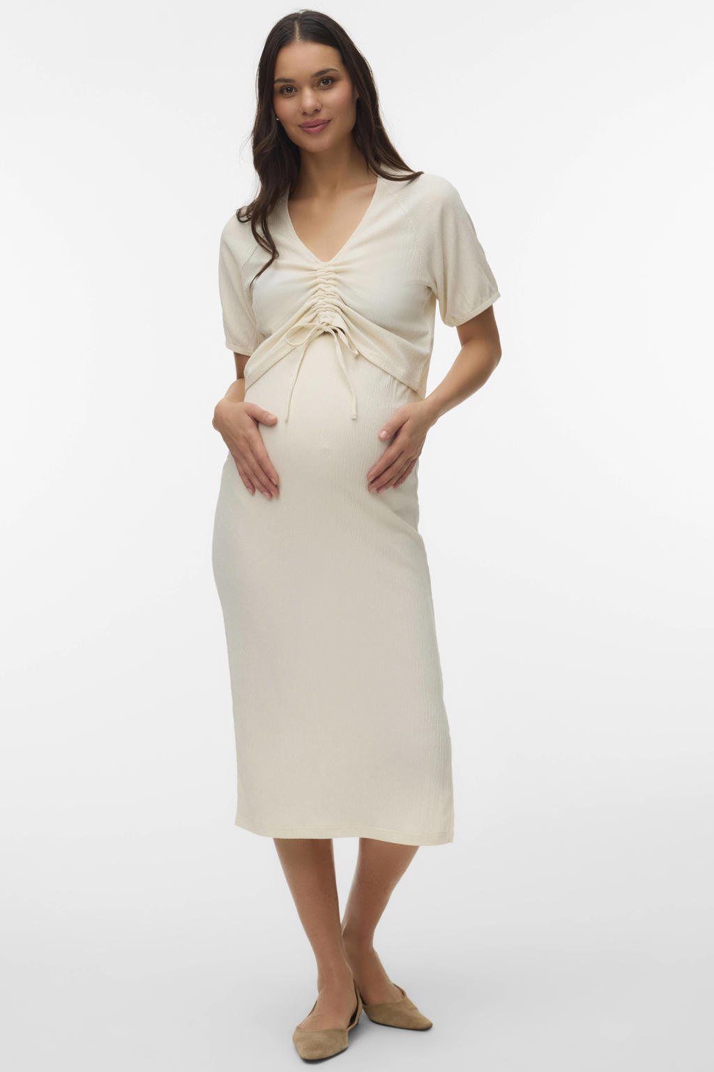 Ecru dames MAMALICIOUS zwangerschaps midi rok van polyester met regular waist, elastische tailleband en effen