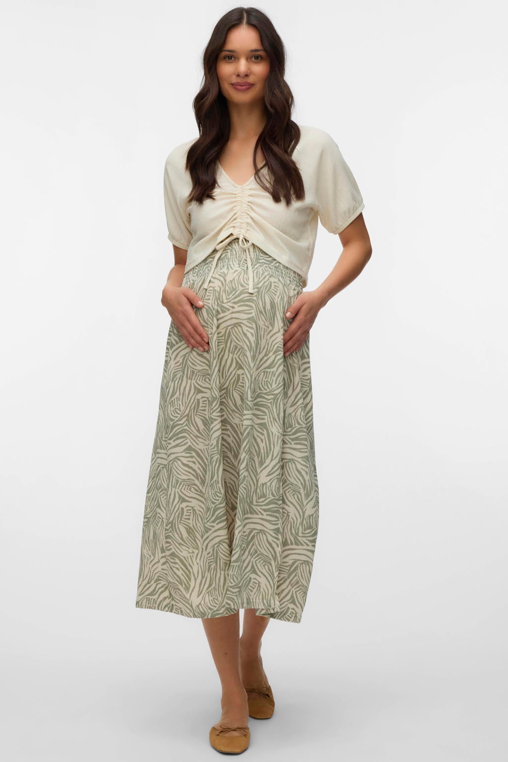 Ecru dames MAMALICIOUS zwangerschaps top van polyester met effen, korte mouwen, V-hals en rijgdetail