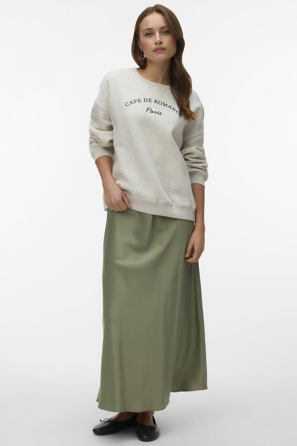 Grijsbruine dames VERO MODA sweater van katoen met tekst print, lange mouwen, ronde hals en borduursels