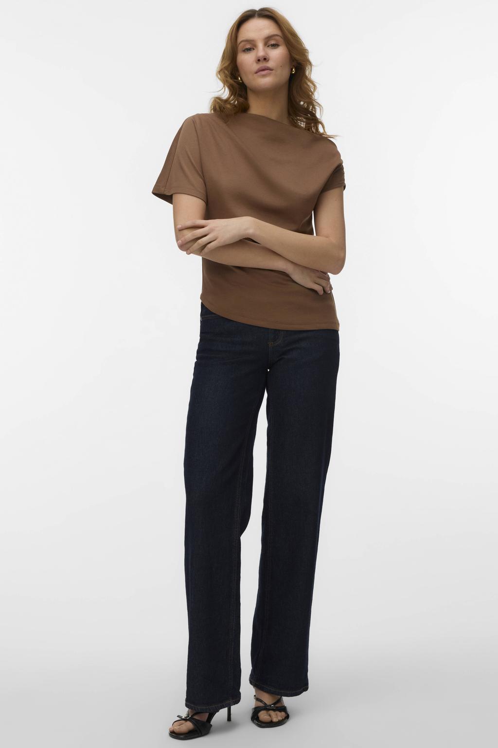 Donkerblauwe dames VERO MODA top van polyester met effen, korte mouwen, one shoulder en plooien
