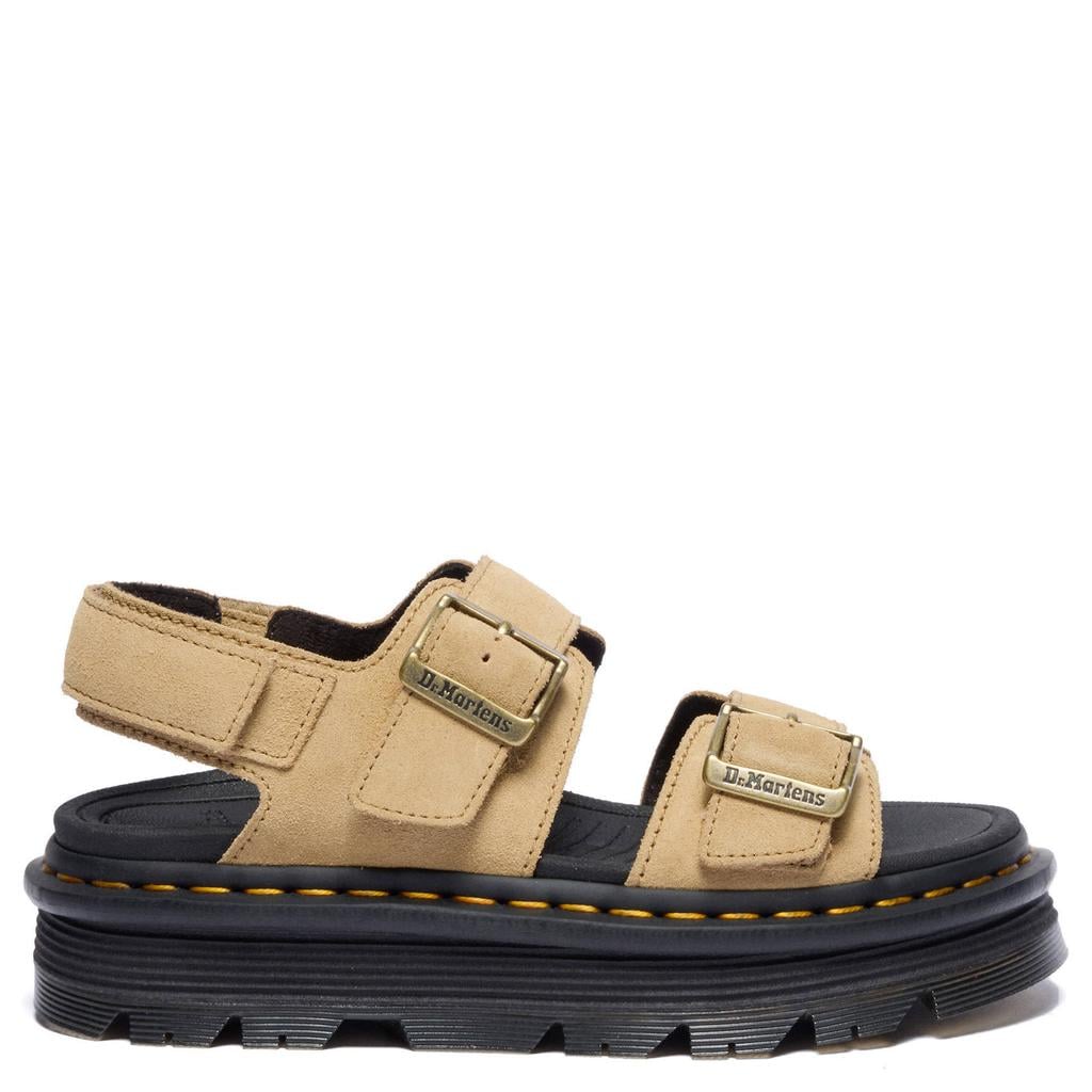 Lichtbruin en zwarte dames Dr. Martens Zebzag suède leren sandalen savannah tan met gesp