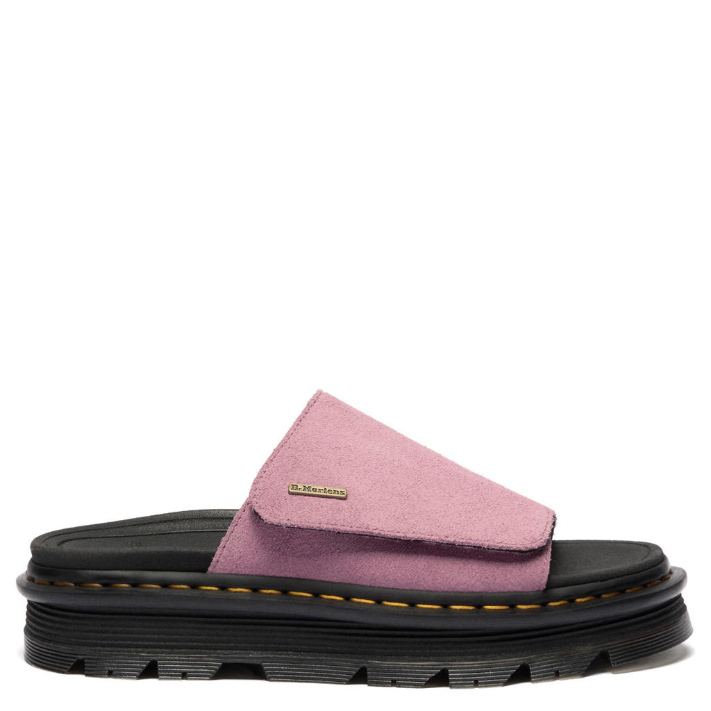 Zwart en oudroze dames Dr. Martens Zebzag suède slippers dusty rose met klittenband