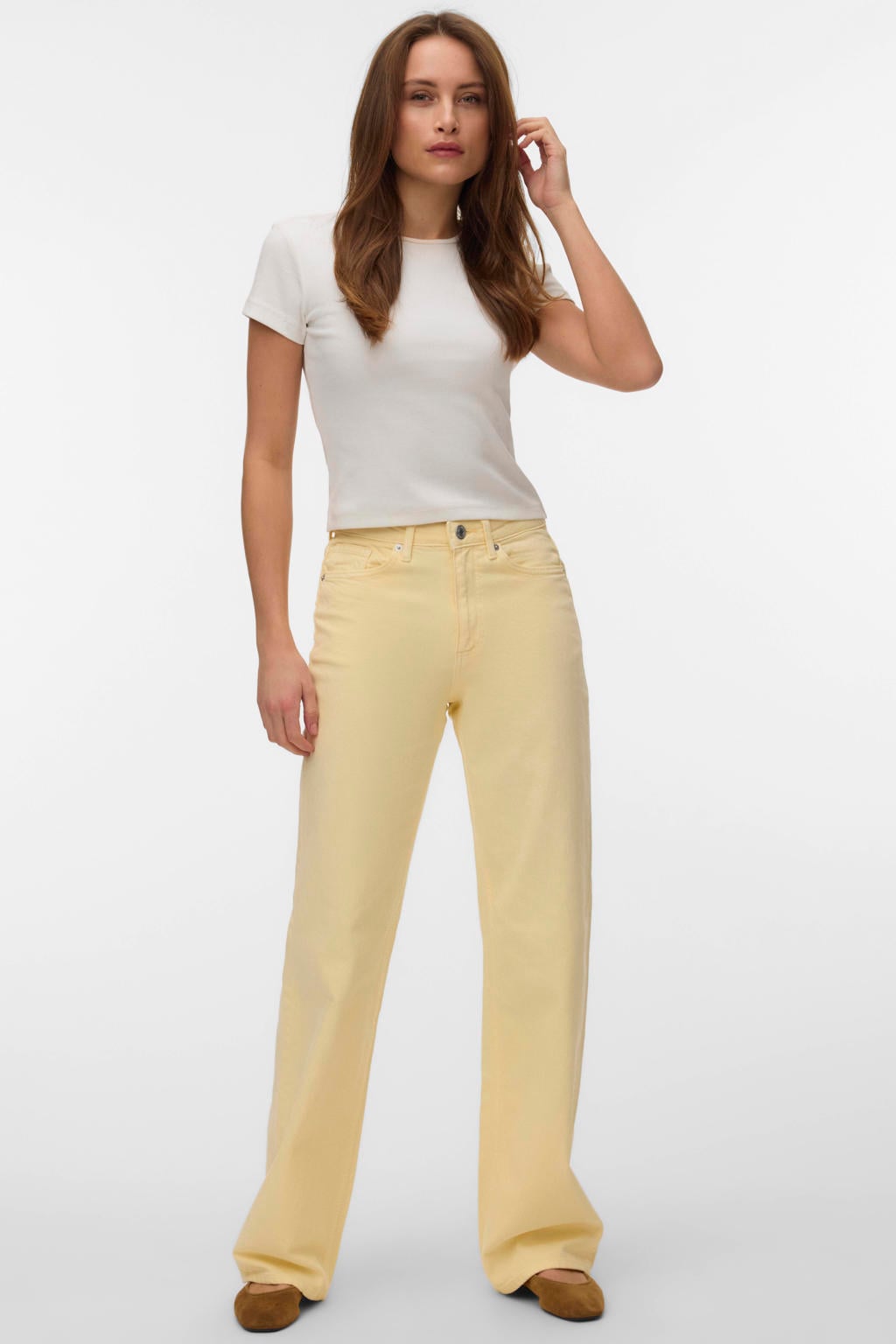 Lichtgele dames VERO MODA high waist wide leg jeans van denim met rits- en knoopsluiting en effen
