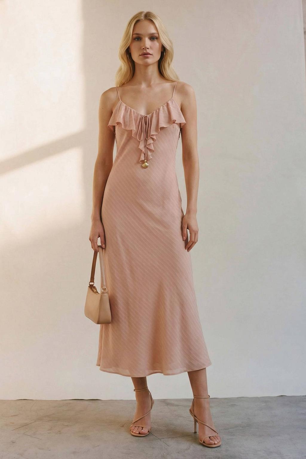 Lichtroze dames VERO MODA midi jurk van modal met effen, spaghettibandjes, V-hals en ruches