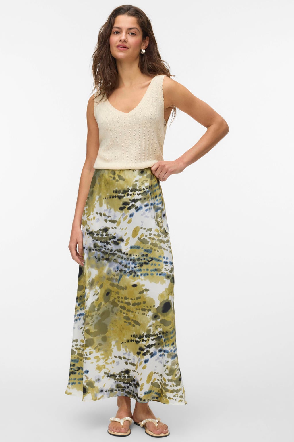 Lime, zand en ecru dames VERO MODA maxi rok groen gemaakt van polyester en met elastische tailleband