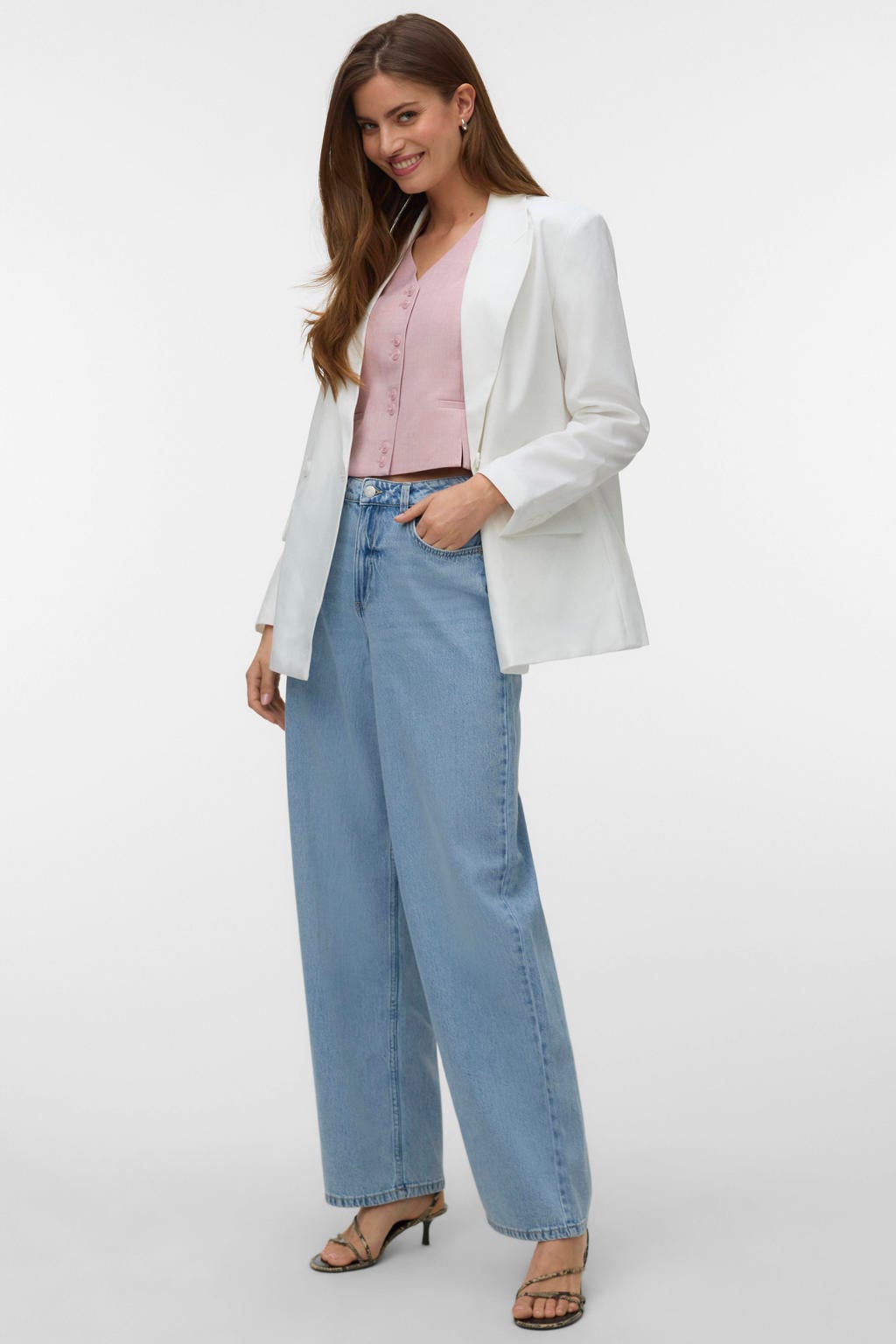 Light blue denim dames VERO MODA high waist barrel jeans van denim met rits- en knoopsluiting en effen