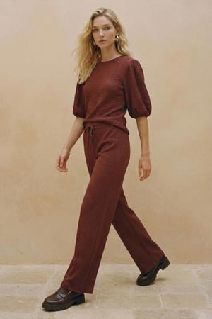 wide leg high waist casual broek roodbruin