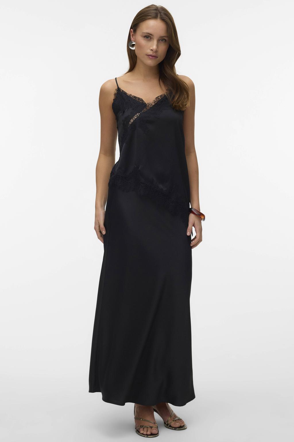 Zwarte dames VERO MODA asymmetrische top van satijn met effen, spaghettibandjes en V-hals