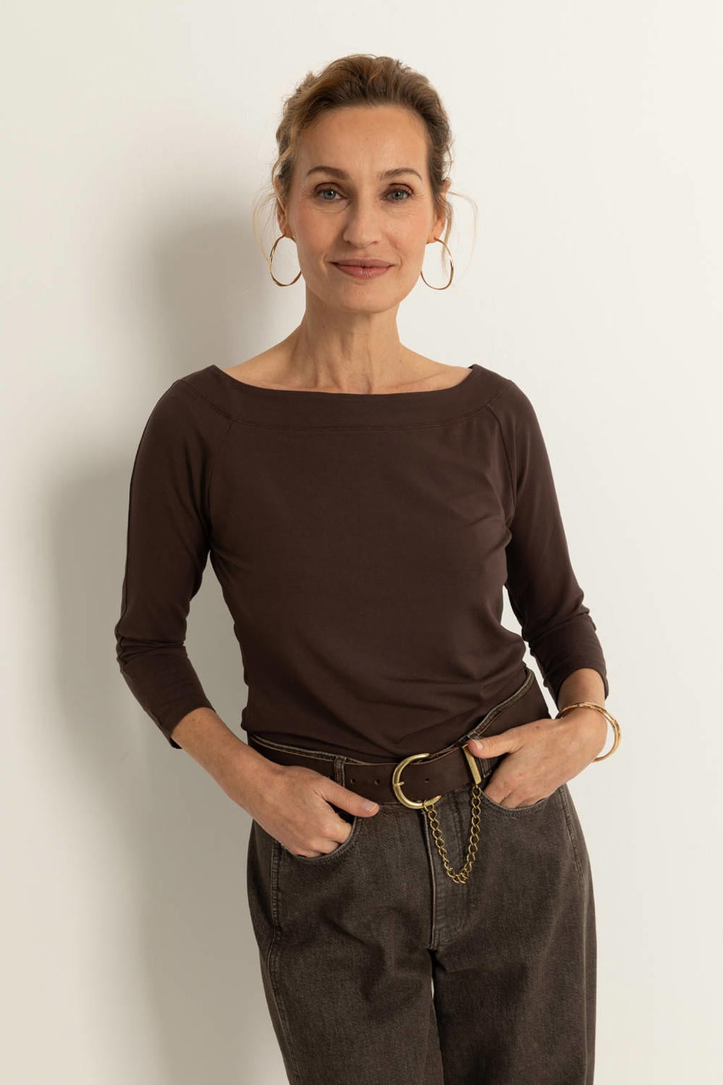 Donkerblauwe dames Claudia Sträter top van viscose met effen, driekwart mouwen en boothals