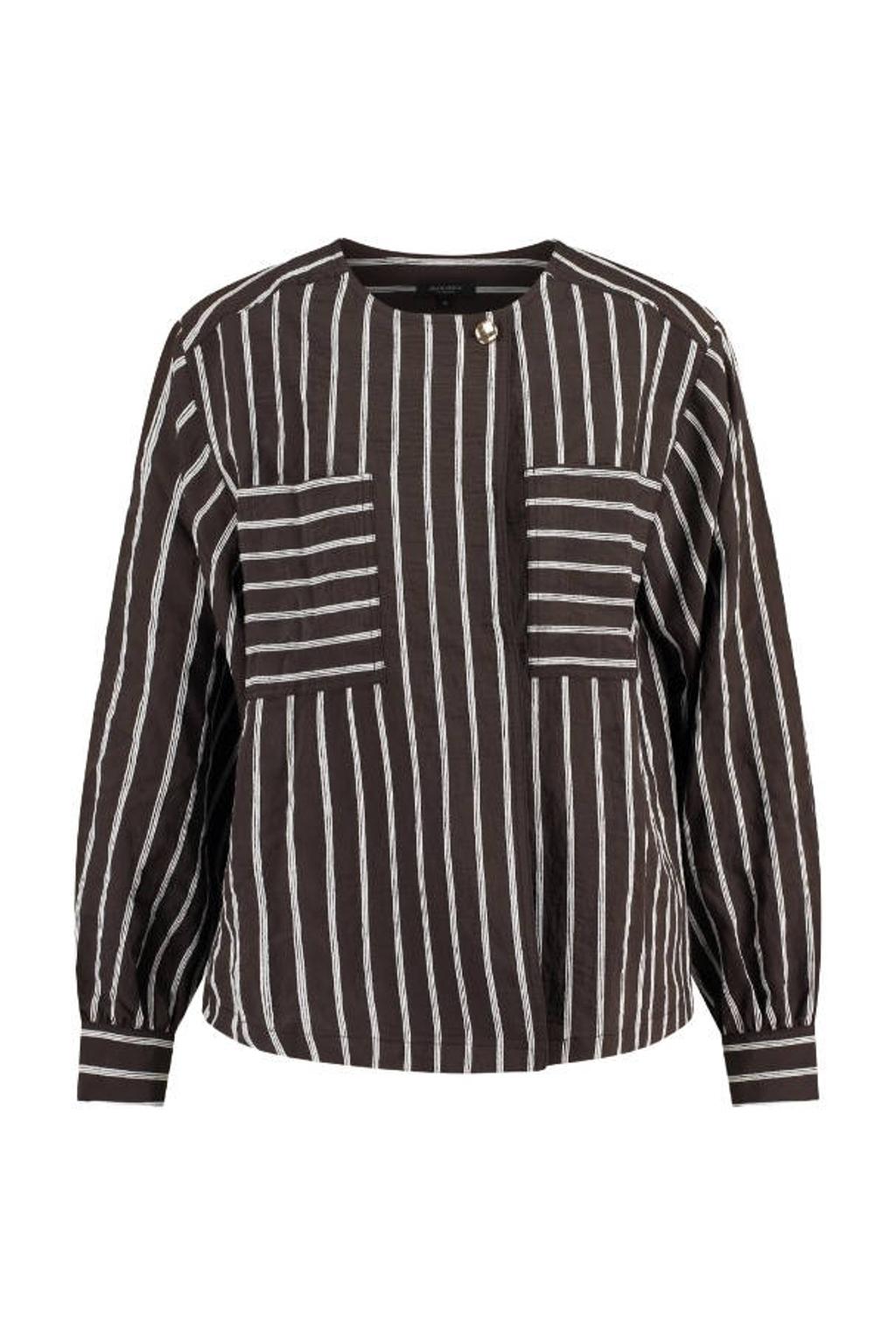 Donkerbruin en ecru dames Claudia Sträter gestreepte blouse van viscose met lange mouwen, ronde hals, drukknoopsluiting en sierknopen